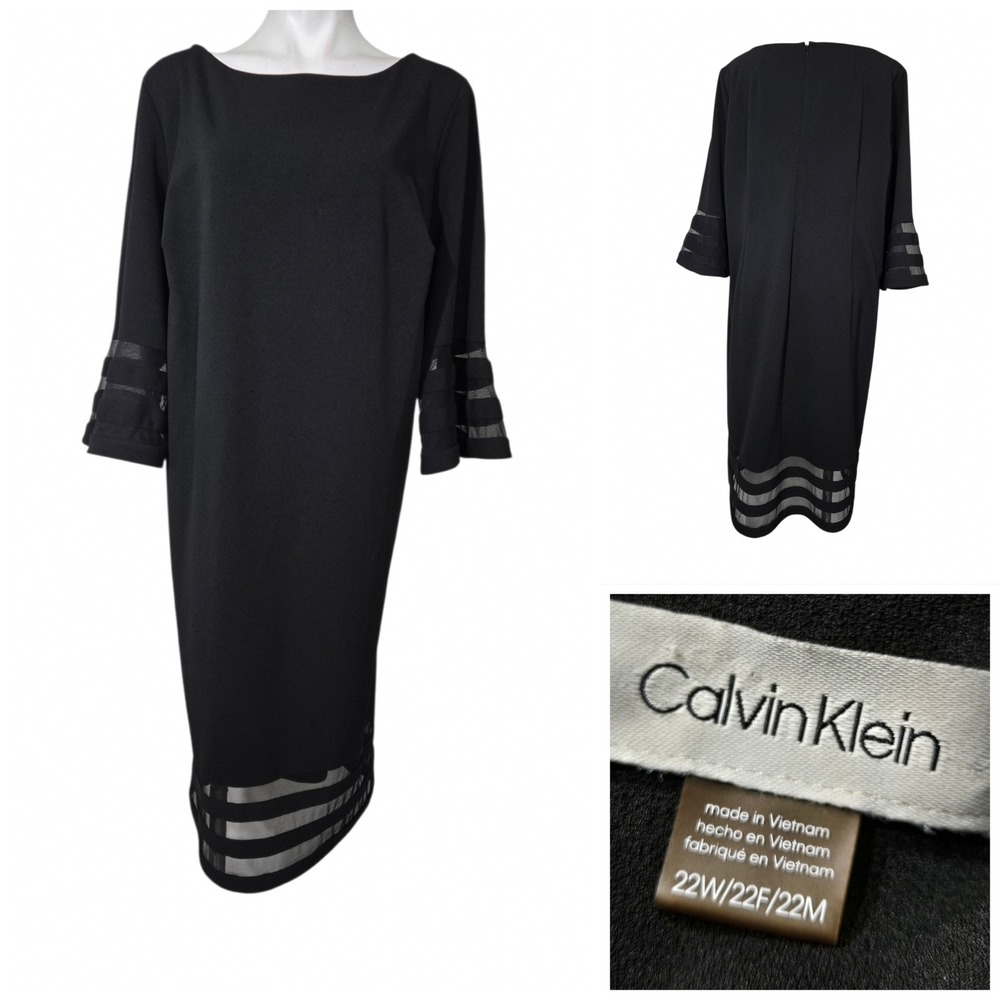 Calvin Klein Black Mesh Stripe Bell Sleeve Sheath Dress Plus Size 22W